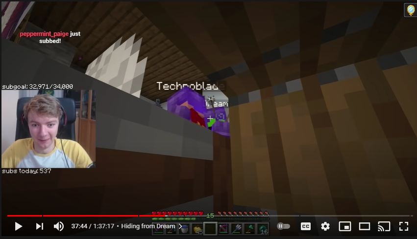 A screenshot from Tommy's stream. He's hiding in a spruce box in Techno's house. Through a crack in the box, he can make out Techno and Dream talking. They're both in full netherite armor.